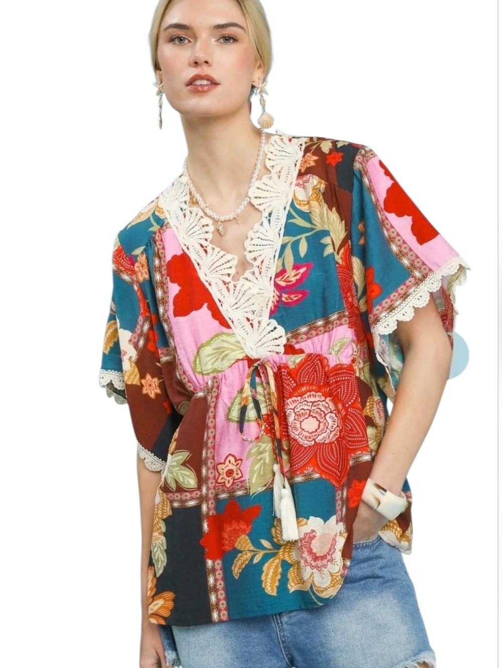 Umgee Boho Multicolored Patchwork V-Neck Tassel Top  Sz S